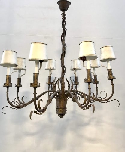 Vintage Wrought Iron Chandelier with Metal Shades - Image 7
