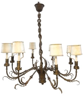 Vintage Wrought Iron Chandelier with Metal Shades