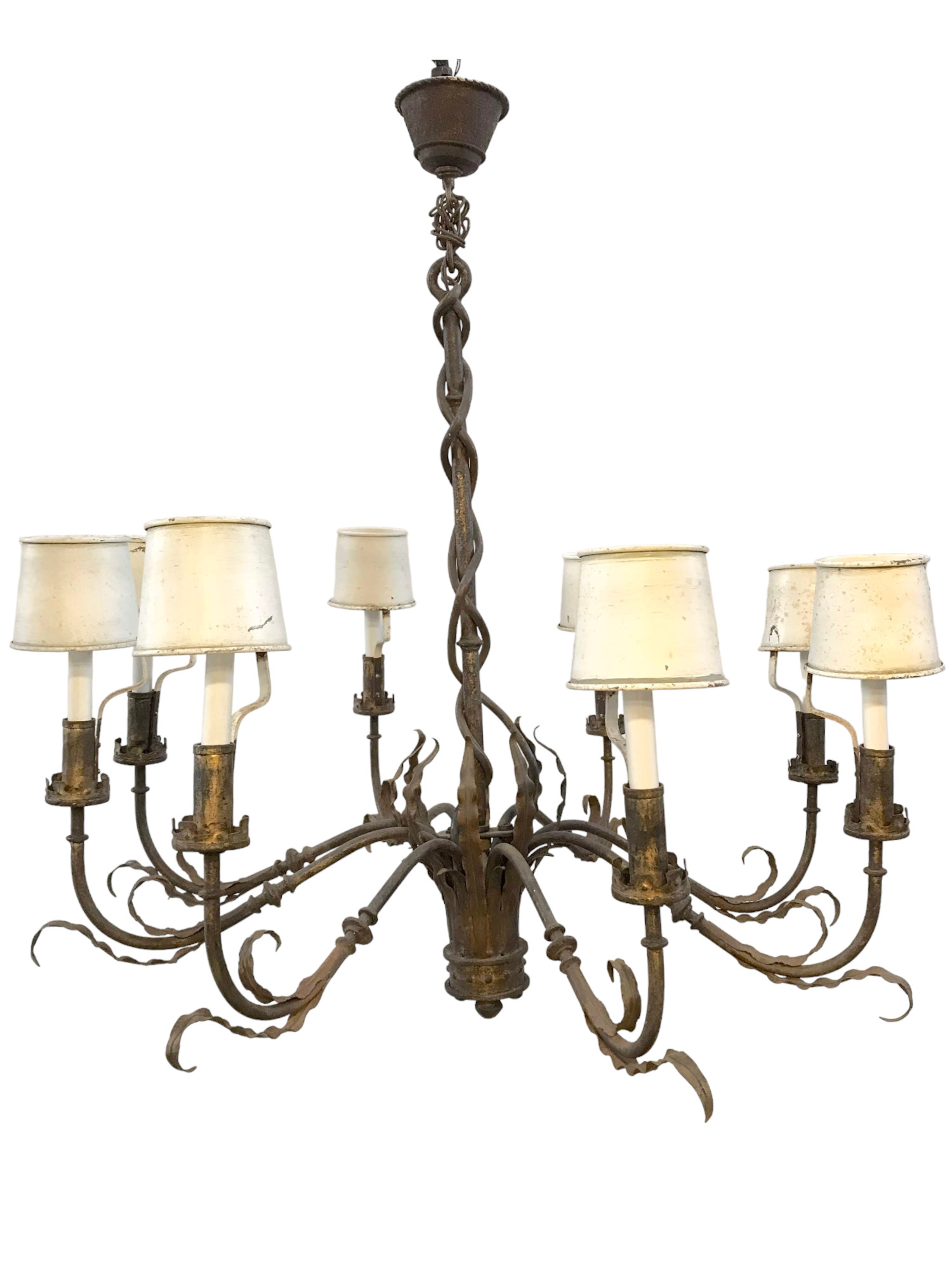Vintage Wrought Iron Chandelier with Metal Shades