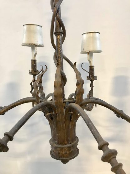 Vintage Wrought Iron Chandelier with Metal Shades - Image 6