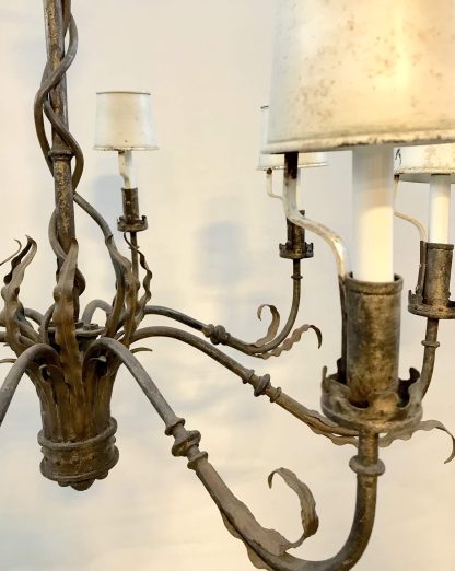 Vintage Wrought Iron Chandelier with Metal Shades - Image 3