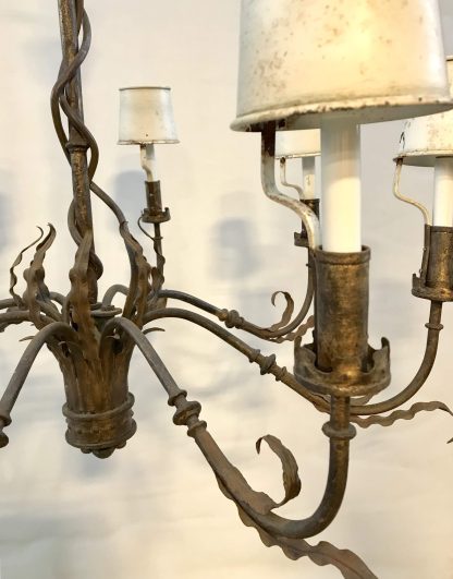 Vintage Wrought Iron Chandelier with Metal Shades - Image 2