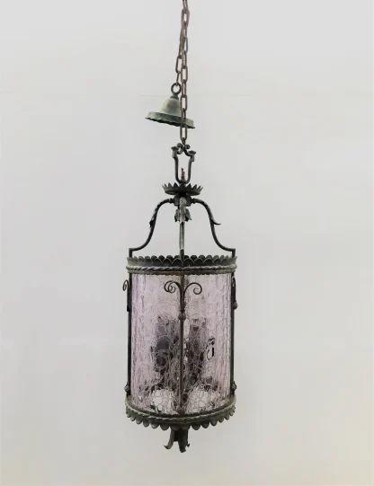 Antique Hanging Light with Amethyst Crackle Glass - Image 2