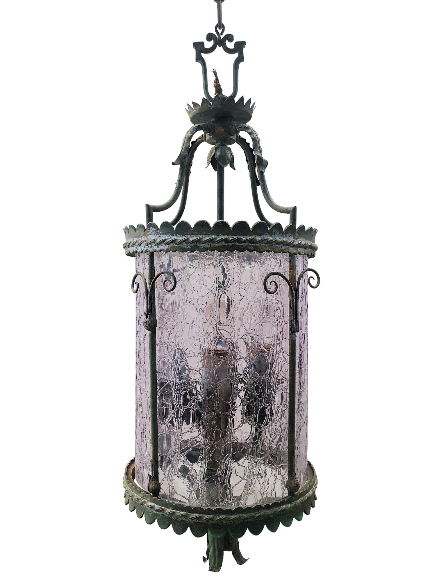 Antique Hanging Light with Amethyst Crackle Glass