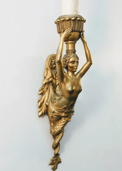 1926 Beaux-Arts Gilt Mermaid Sconces - Image 3