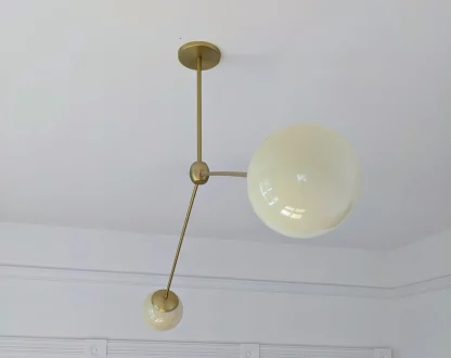2-Light Mid-Century Modern Brass And Glass Pendant Chandelier - Image 6