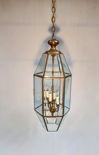 Vintage Hexagon Brass and Beveled Glass Hanging Lamp - Image 6