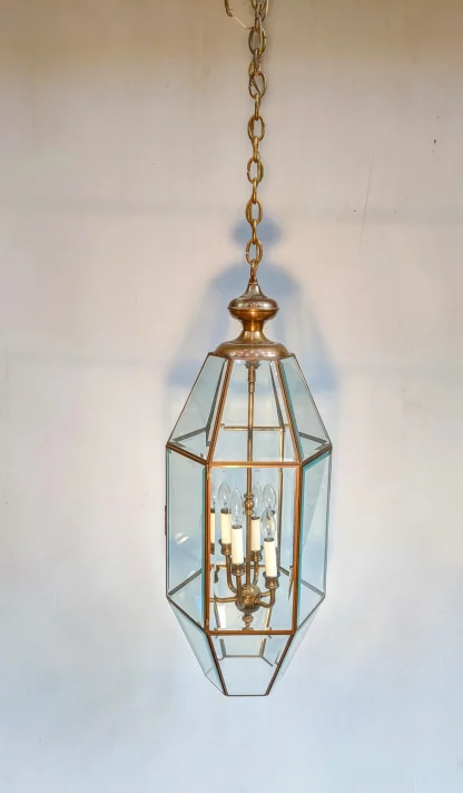 Vintage Hexagon Brass and Beveled Glass Hanging Lamp - Image 5