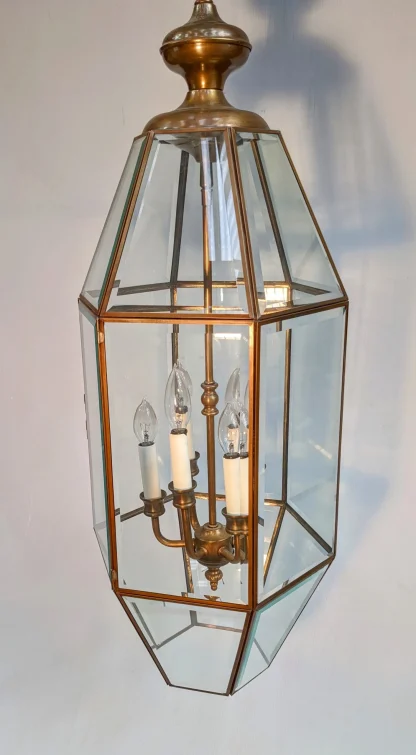 Vintage Hexagon Brass and Beveled Glass Hanging Lamp - Image 4