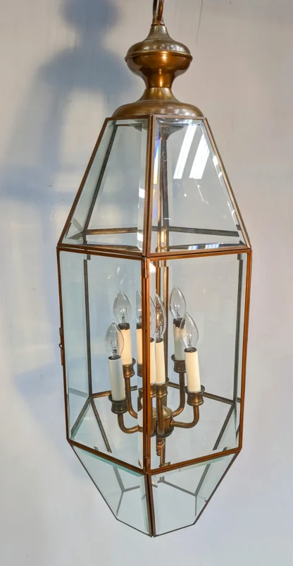 Vintage Hexagon Brass and Beveled Glass Hanging Lamp - Image 3