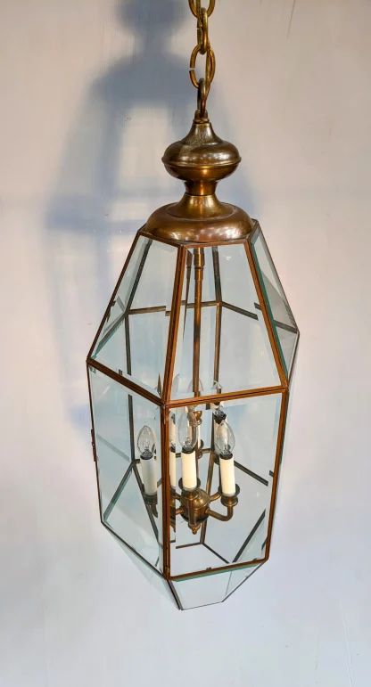 Vintage Hexagon Brass and Beveled Glass Hanging Lamp - Image 2