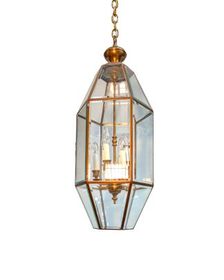 Vintage Hexagon Brass and Beveled Glass Hanging Lamp