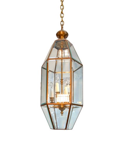 Vintage Hexagon Brass and Beveled Glass Hanging Lamp