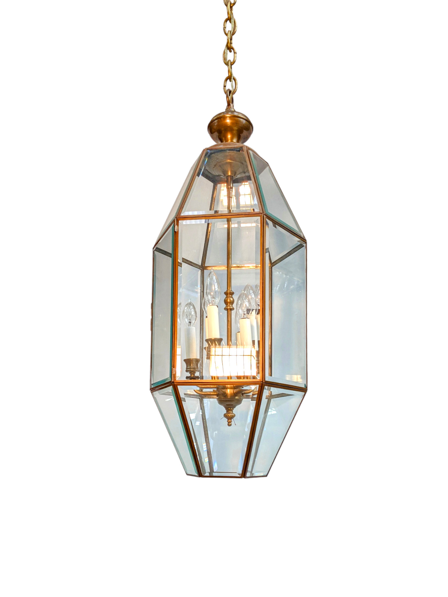 Vintage Hexagon Brass and Beveled Glass Hanging Lamp