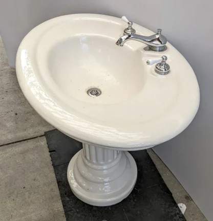 Antique Porcelain Oval Pedestal Sink with Fluted Base - Image 3