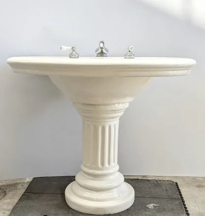 Antique Porcelain Oval Pedestal Sink with Fluted Base - Image 2