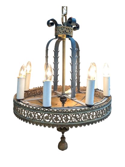 Vintage Wrought Iron and Bronze Spanish Revival Chandelier